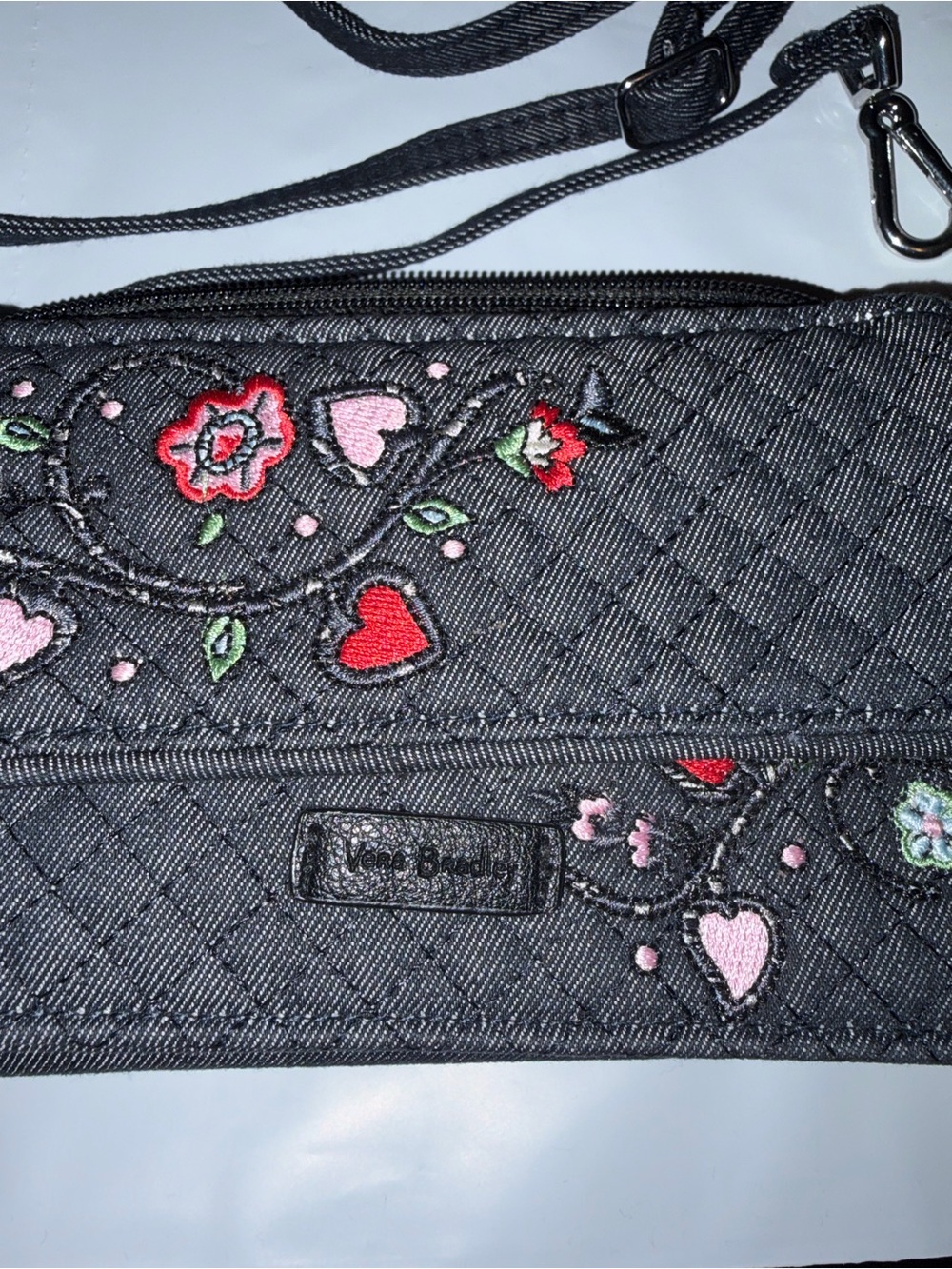 Vera Bradley Black Quilted Crossbody with Pink & Red Embroidered Hearts